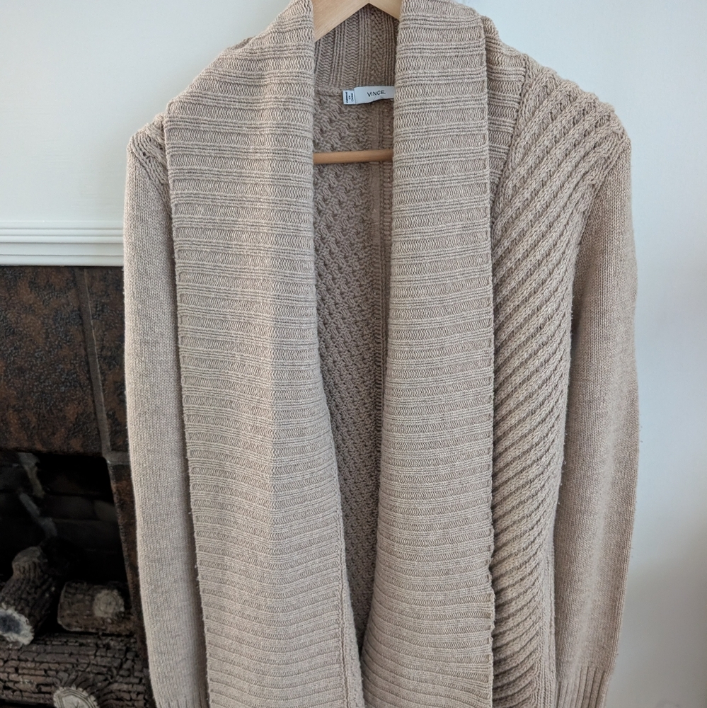Vince Beige Ribbed Open Cardigan